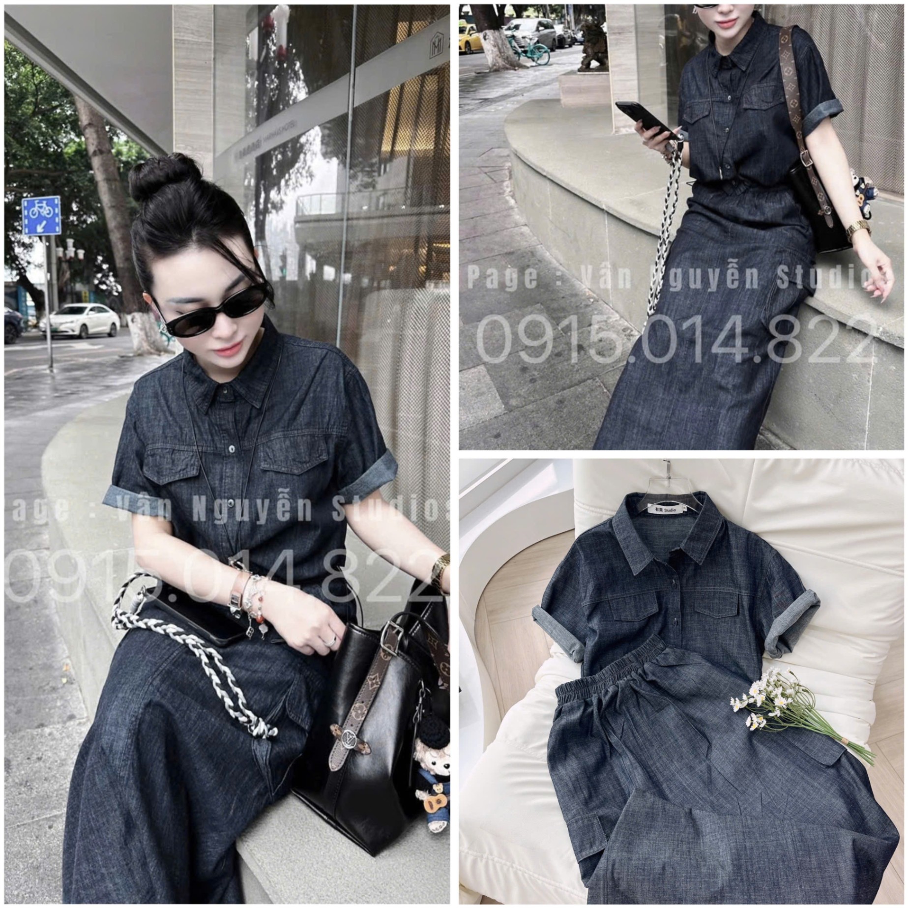 Áo sơ mi denim mix chân váy dài cạp chun
