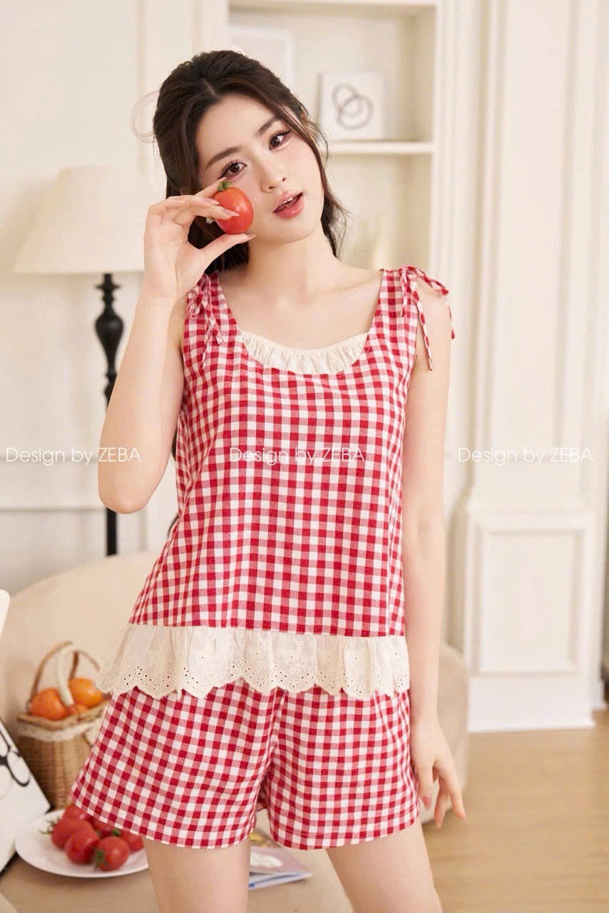 Bộ thô kẻ caro đỏ nữ