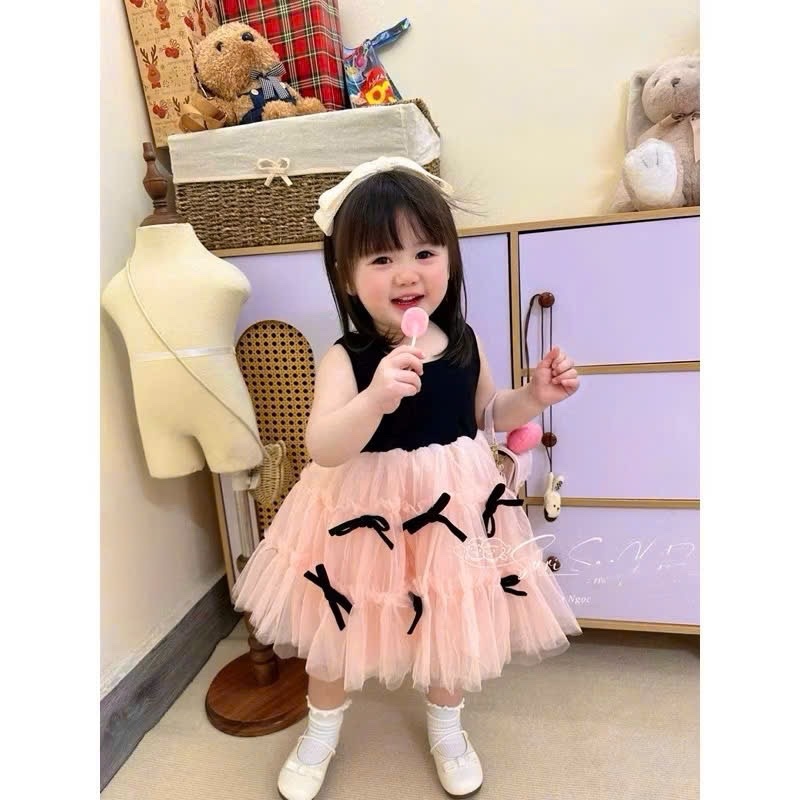 Váy 2 dây phối ren tầng hồng bé gái