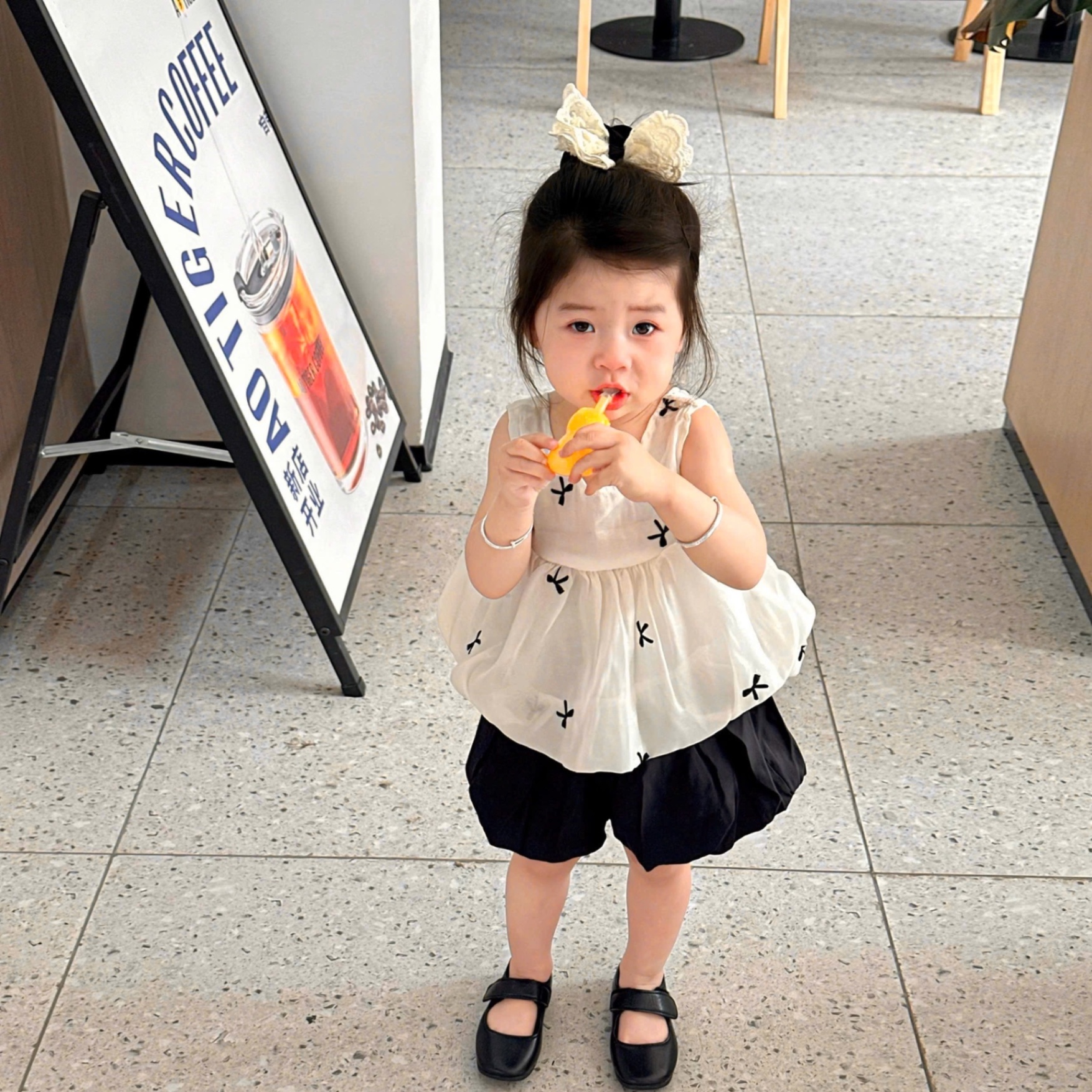 Sét áo voan nơ quần bồng đen bé gái