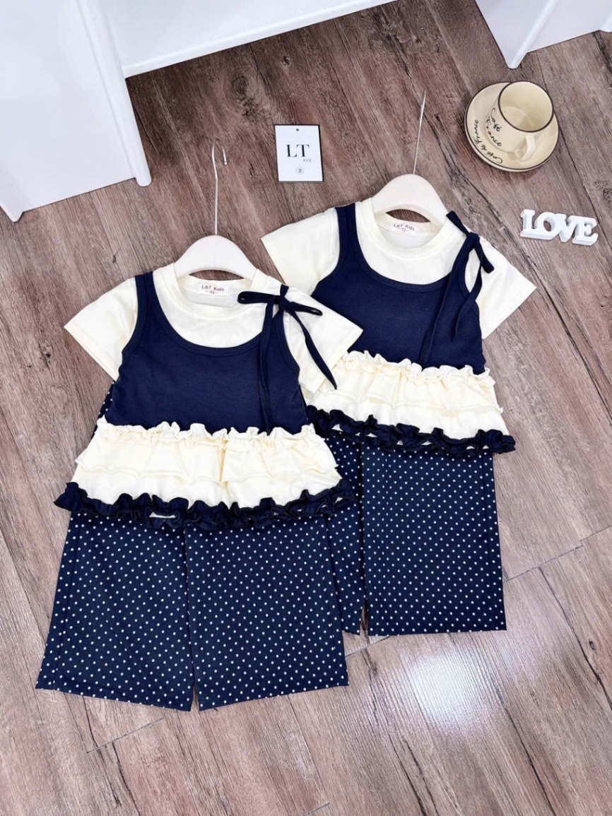 Sét áo cotton phối quần xuông bi xanh than bé gái