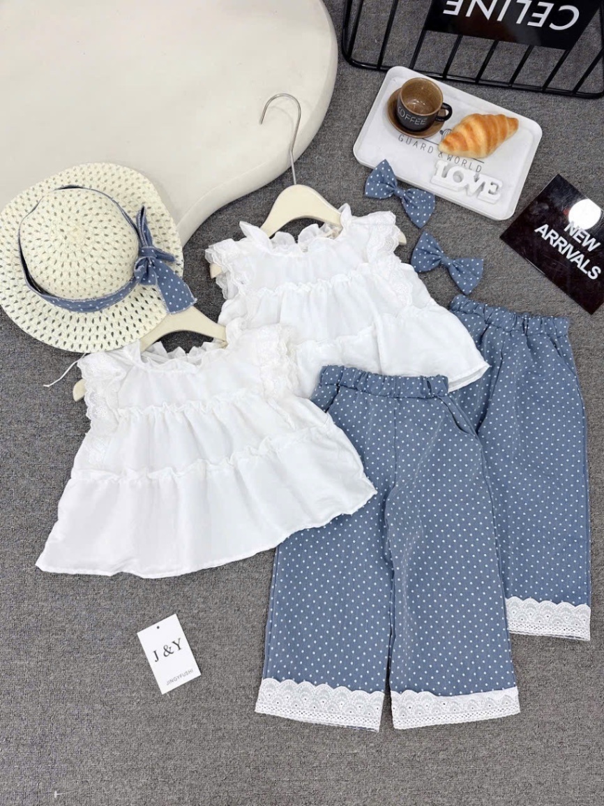Sét 3 chi tiết áo babydoll trắng quần bi xanh xuông bé gái ( kèm mũ )