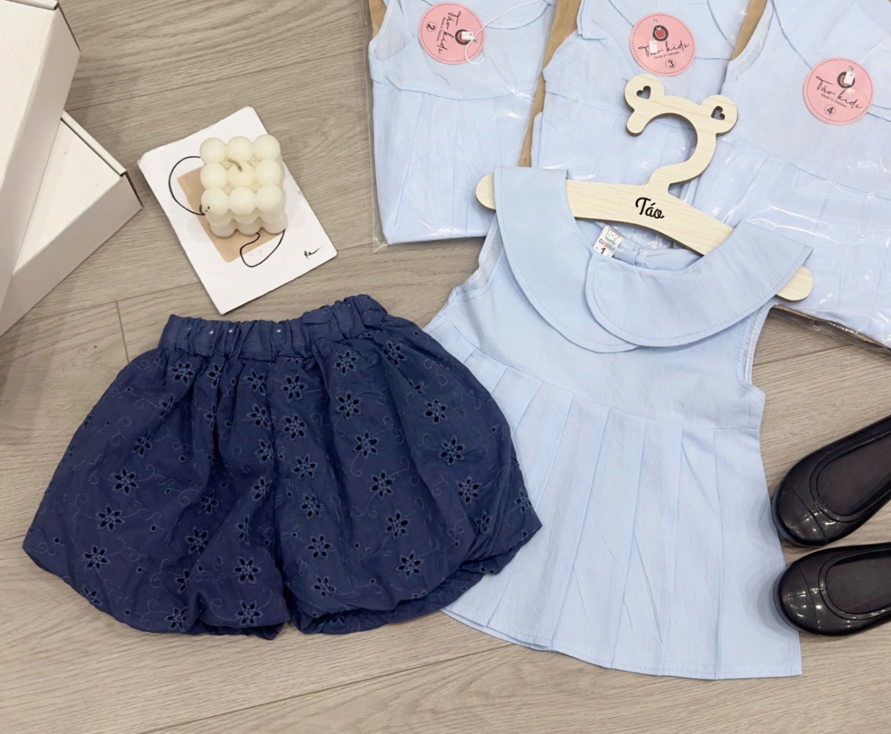 Sét áo xanh babydoll quần bồng hoa ren bé gái