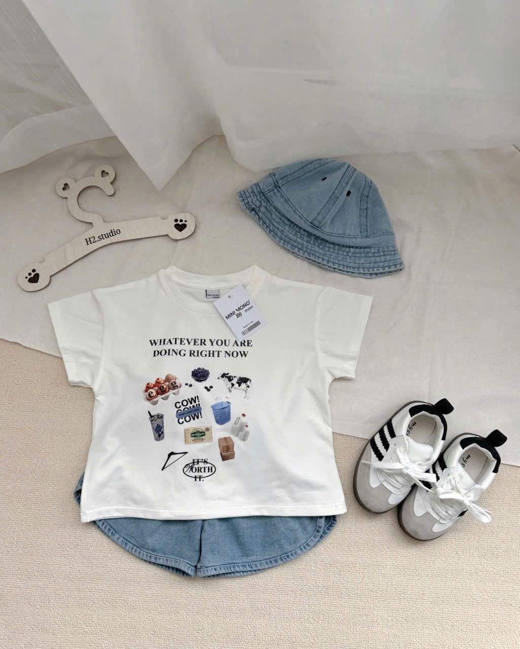 Seo VNXK: Bộ cotton + mũ jean xanh E còn 140-150 #95k/set