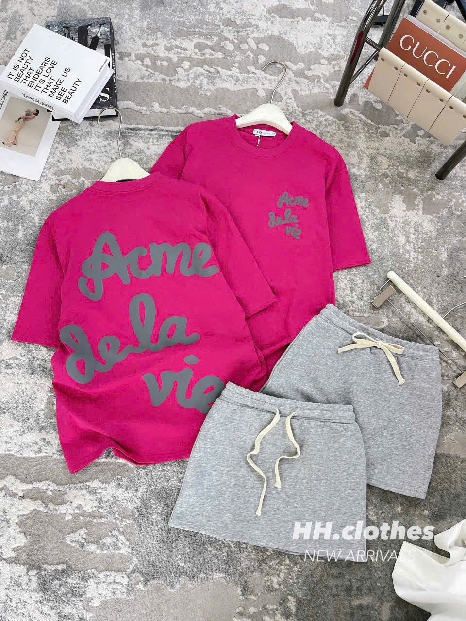 Sét váy áo cotton hồng in chữ Em còn 2s-1M Seo #115k/ set