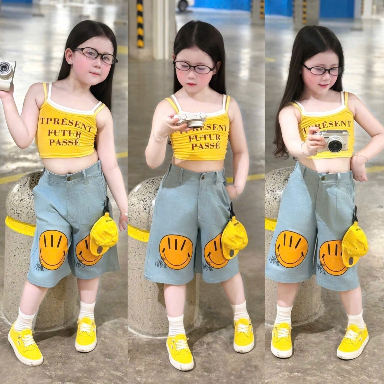 Sét áo 2 dây vàng quần bò lỡ icon bé gái