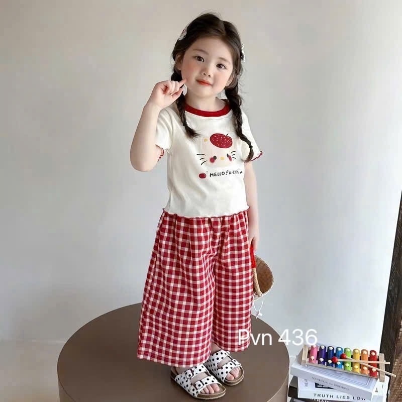 Sét áo tăm helo quần xuông kẻ đỏ bé gái