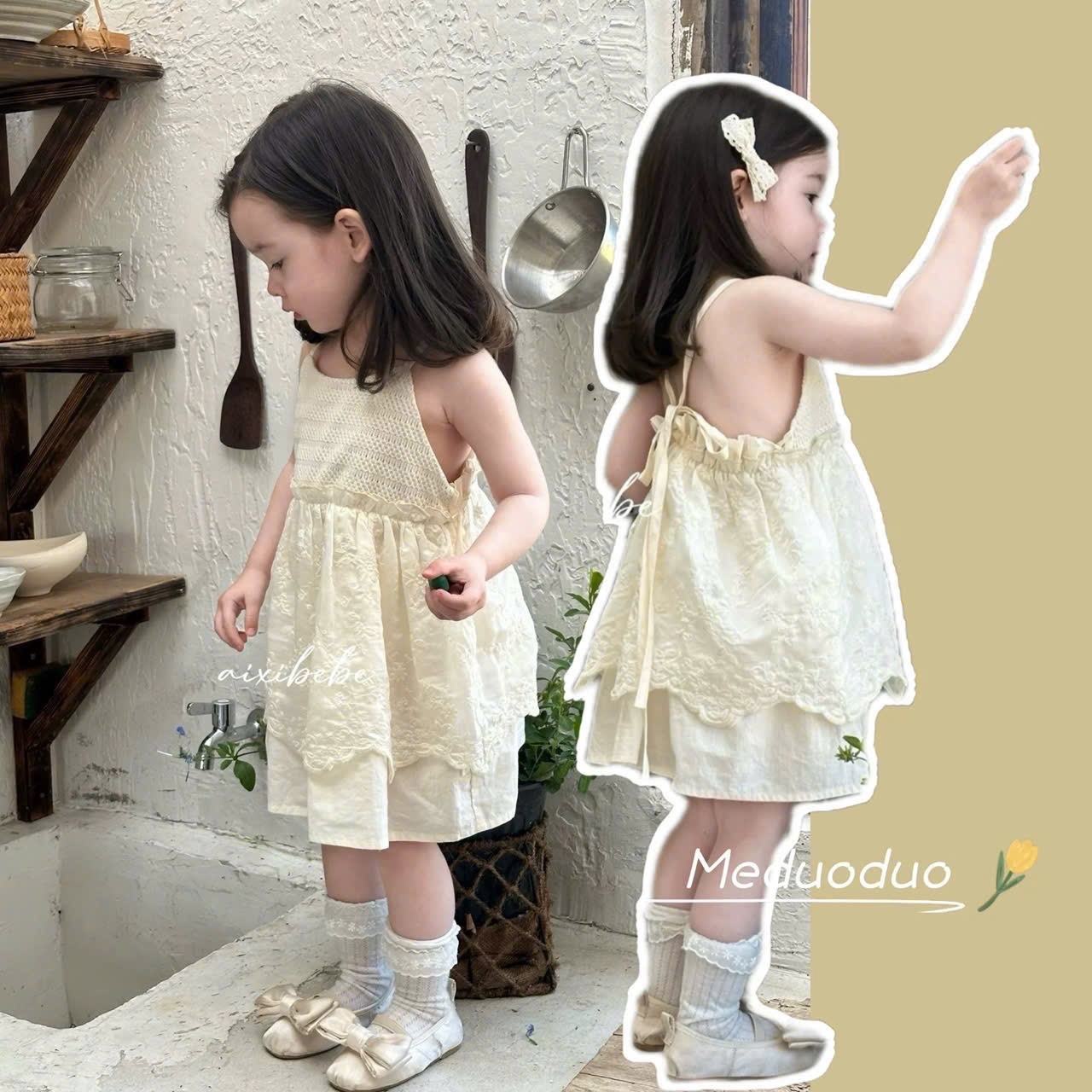Váy kem 2 dây hở lưng sn bé gái
