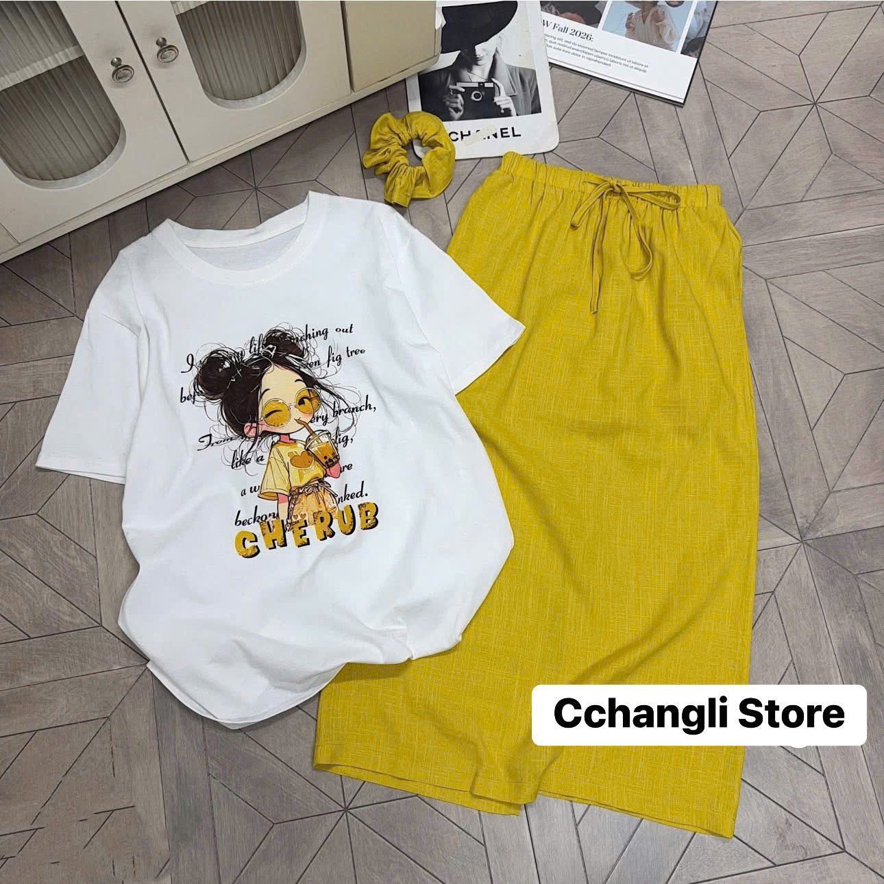 Set chân váy đũi áo phông kèm dây búi tóc