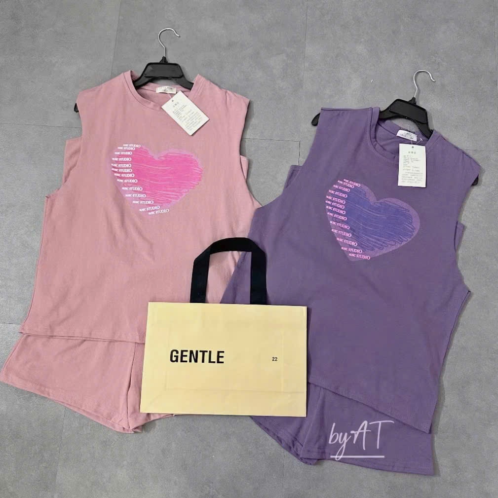 Bộ cotton tím hồng in tim