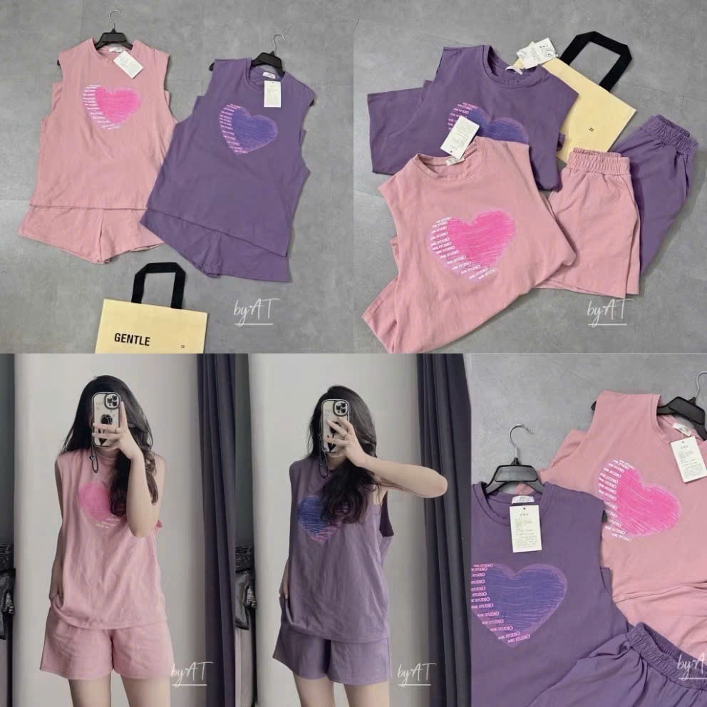 Bộ cotton tím hồng in tim