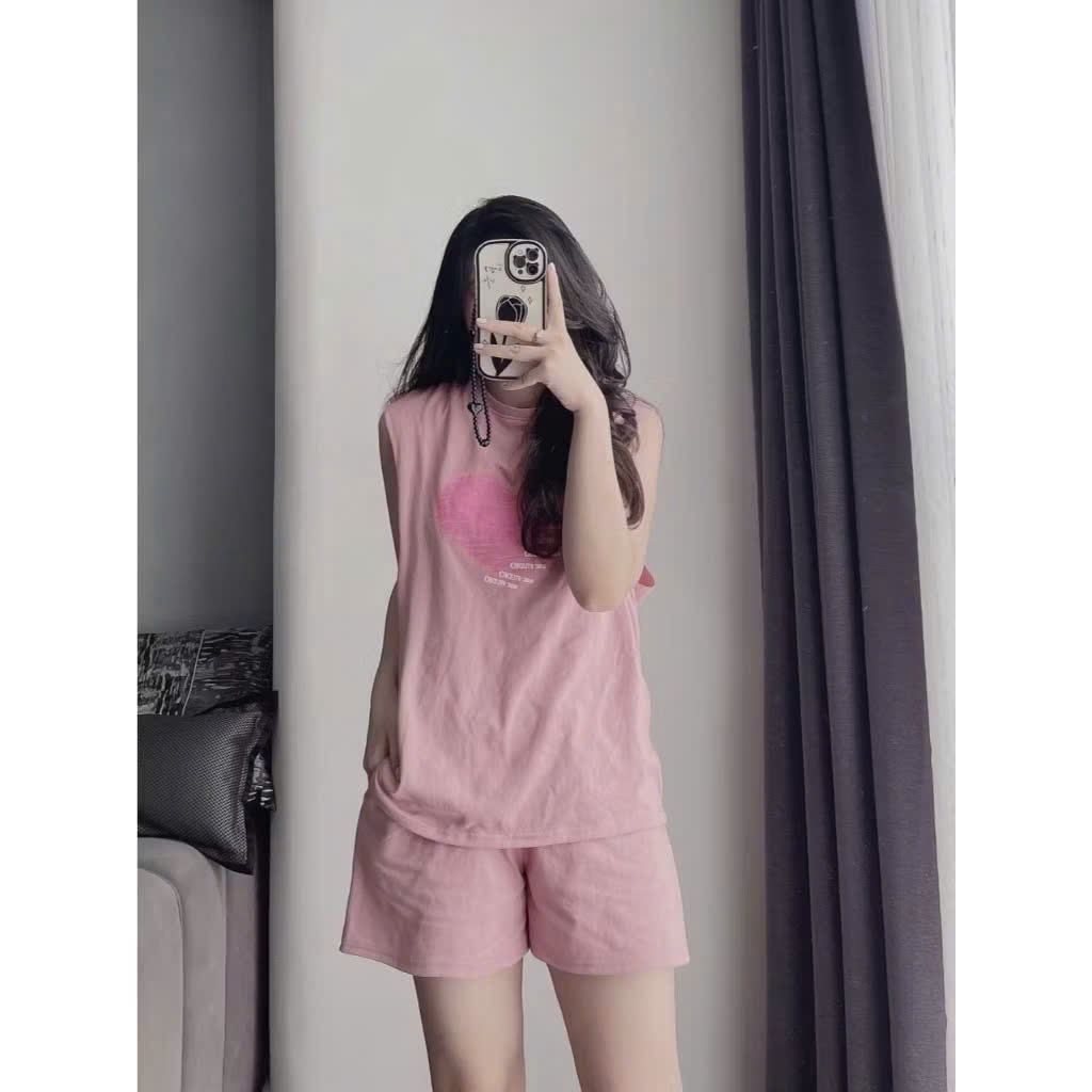 Bộ cotton tím hồng in tim