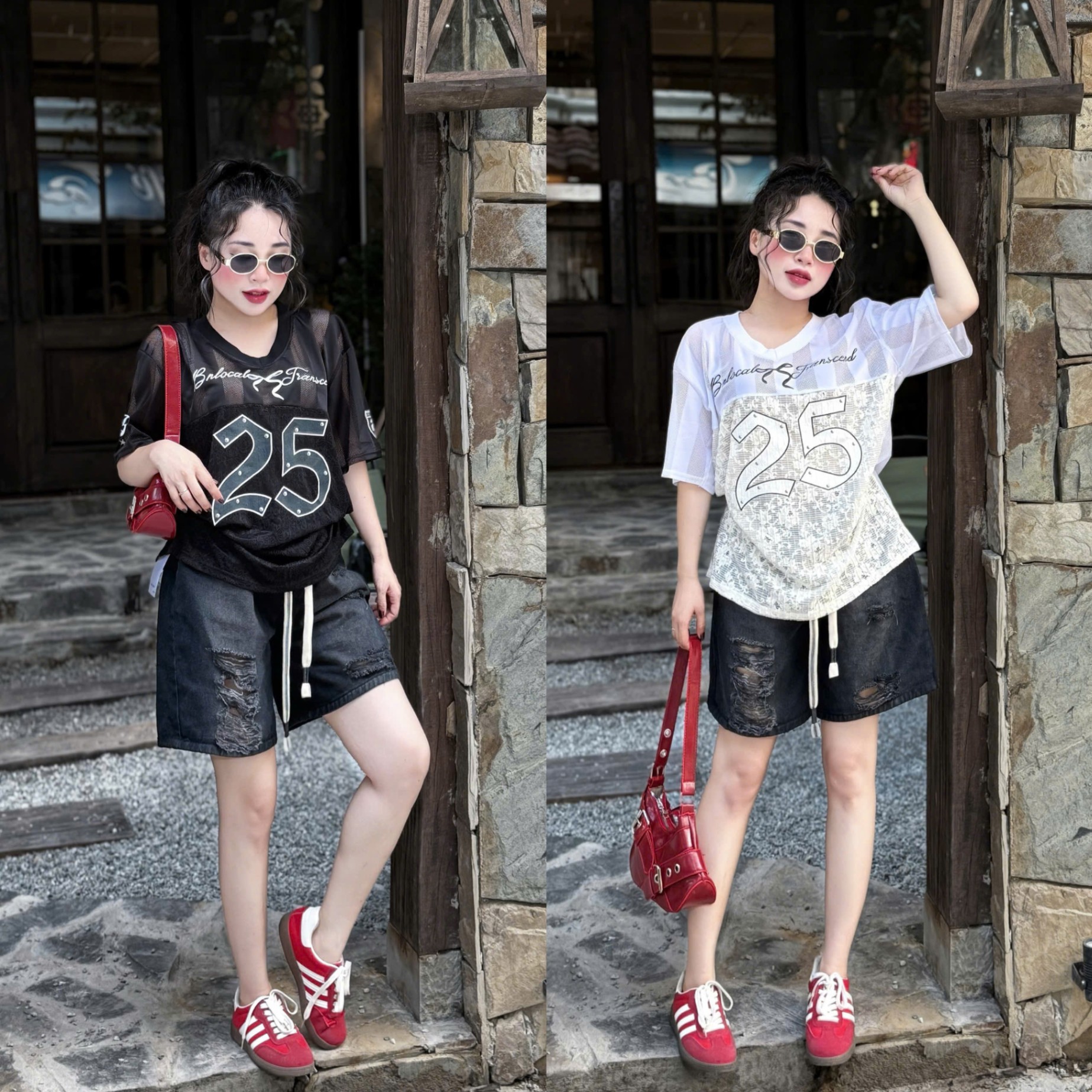 Set bộ thể thao phối ren phá cách mix cùng quần jean rách khói