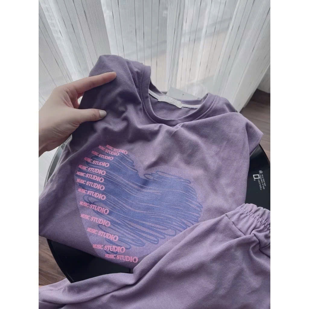 Bộ cotton tím hồng in tim