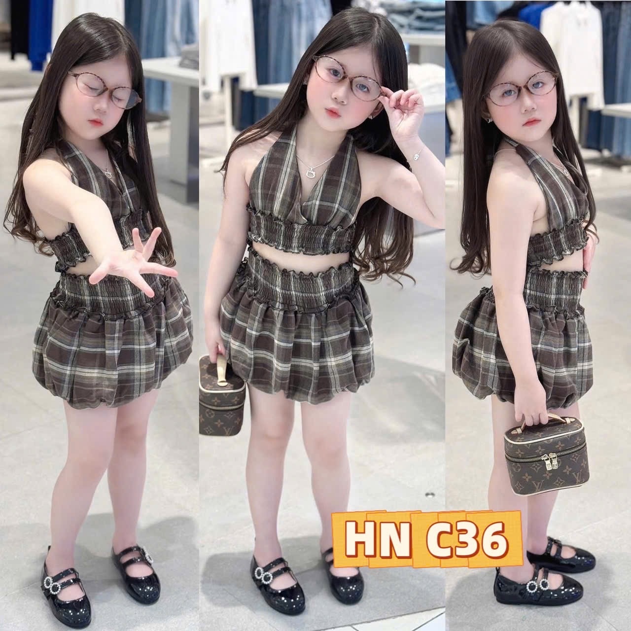 Sét áo croptop cổ yếm kẻ quần bồng xả #65k Xanh 20-22kg