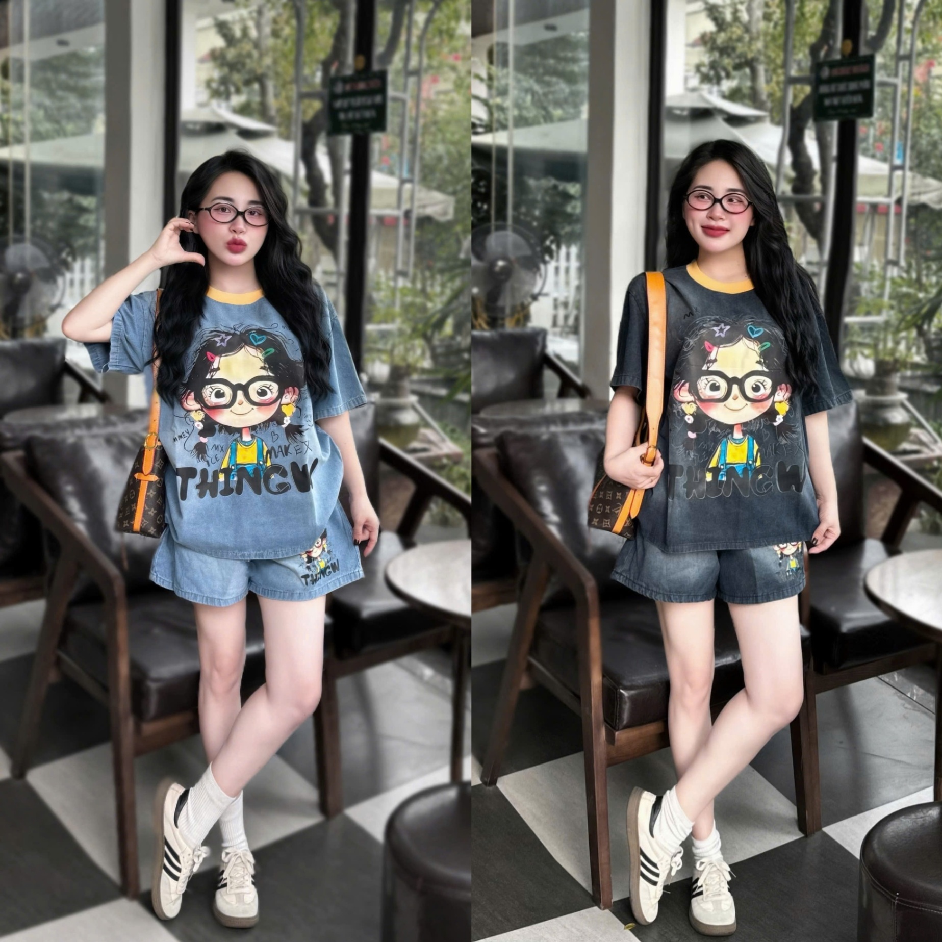 Set jean in hình cô gái freesize tới 65kg Sót 1 bộ Xanh xả 145k