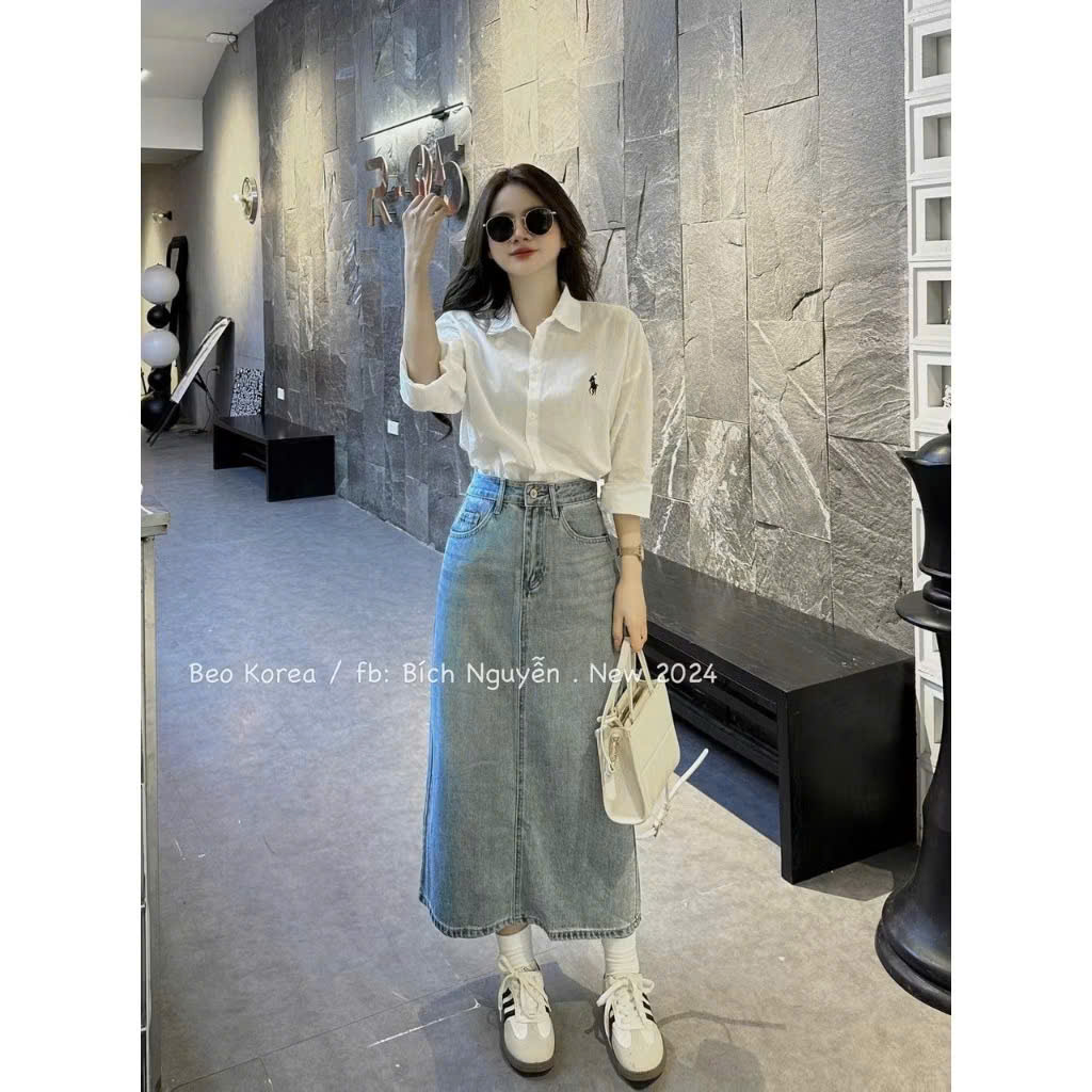 Xả S 40-47kg: Chân váy jean thêu nơ nữ QJ26