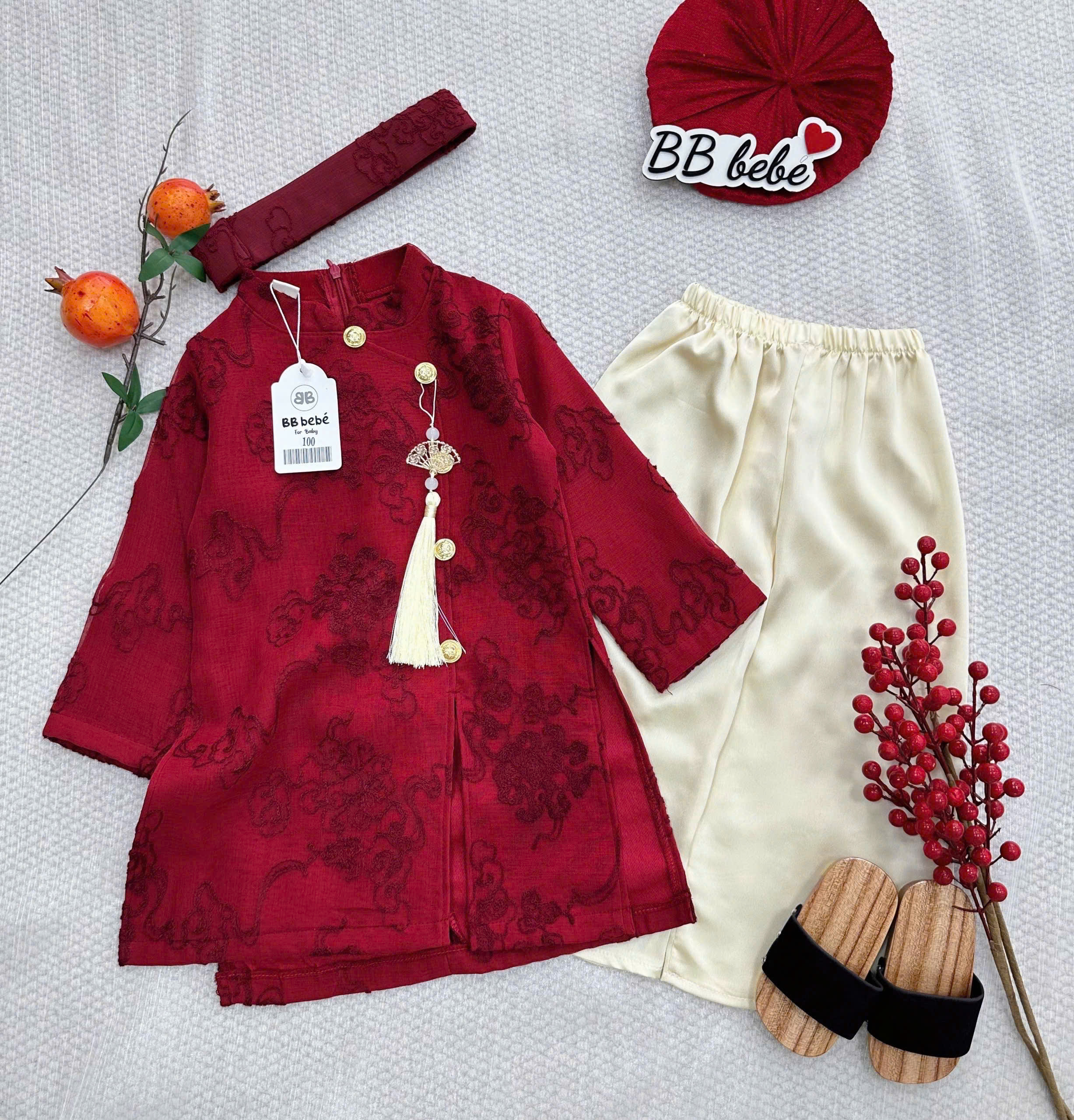 Sét áo dài : áo+ quần+ mấn bé trai hoa văn vải 2 lớp VNXK