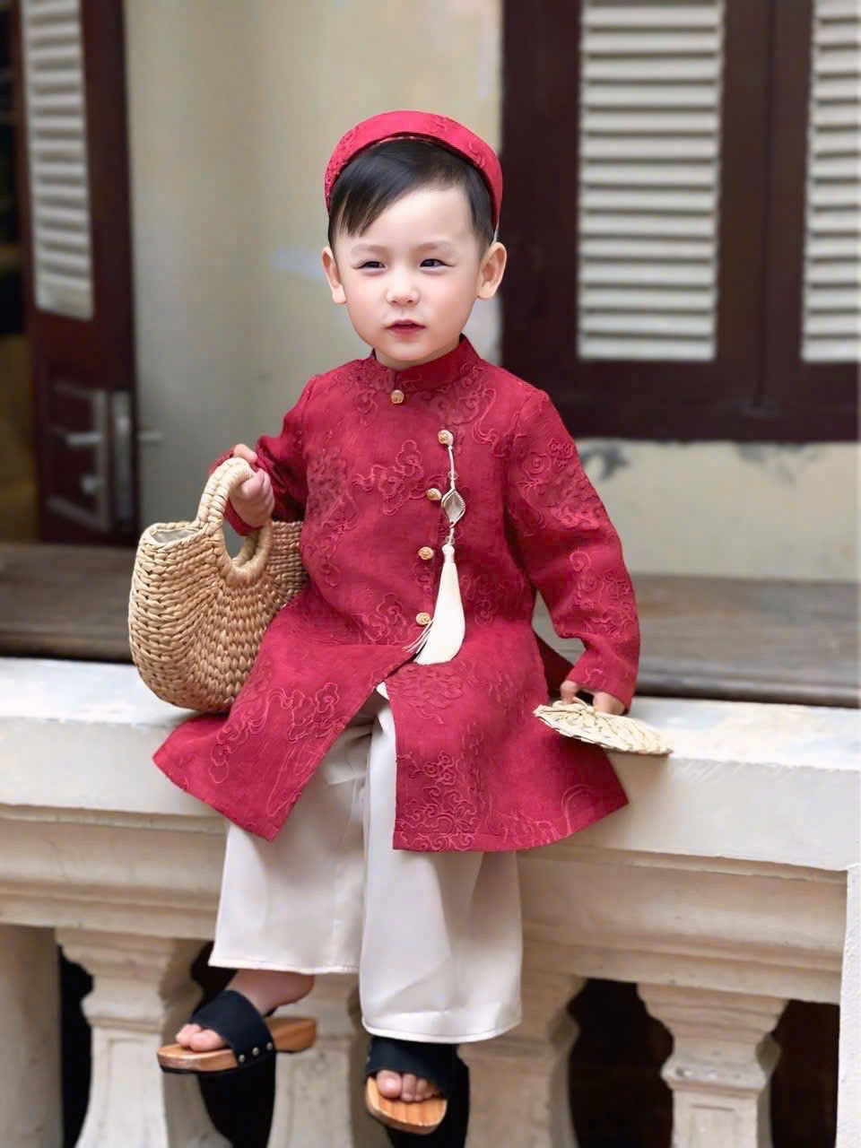 Sét áo dài : áo+ quần+ mấn bé trai hoa văn vải 2 lớp VNXK