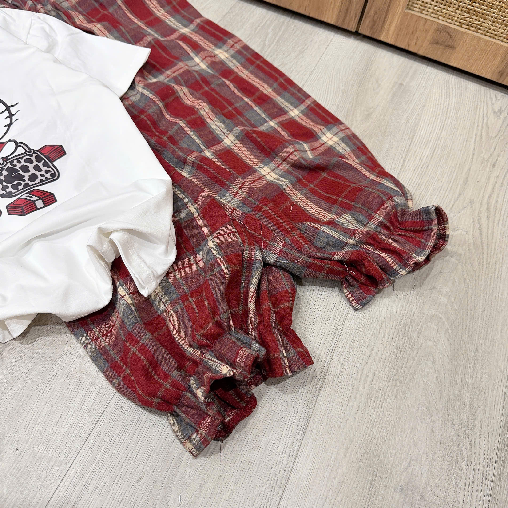 Set áo cotton nữ quần kẻ carro đỏ nữ