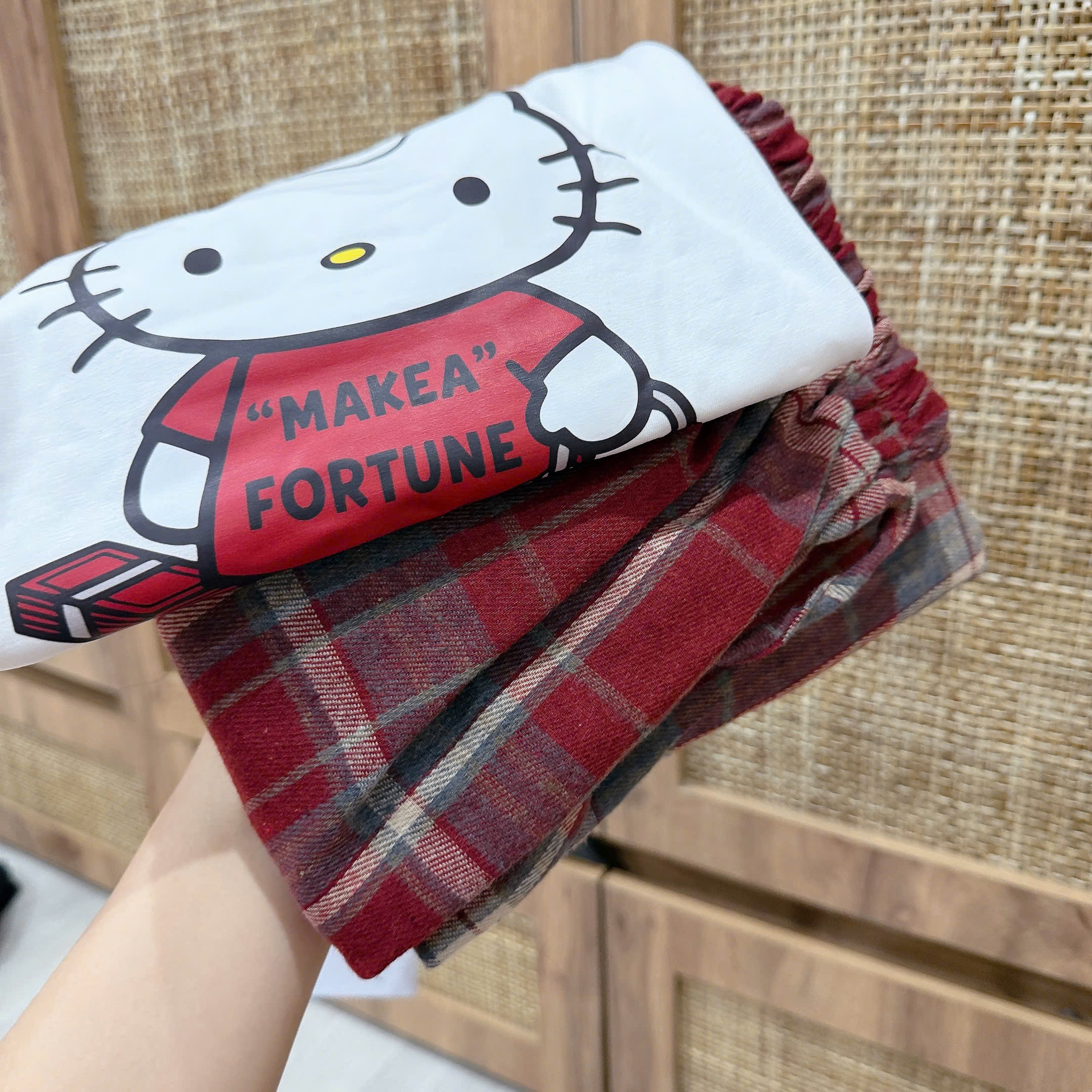 Set áo cotton nữ quần kẻ carro đỏ nữ
