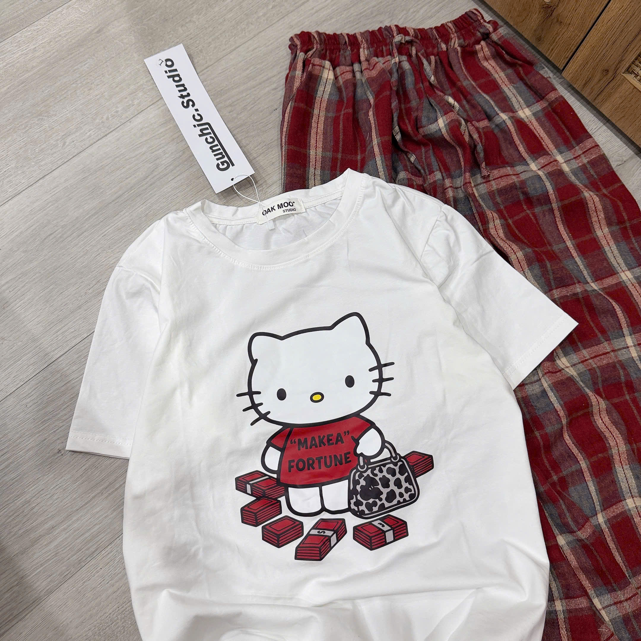 Set áo cotton nữ quần kẻ carro đỏ nữ