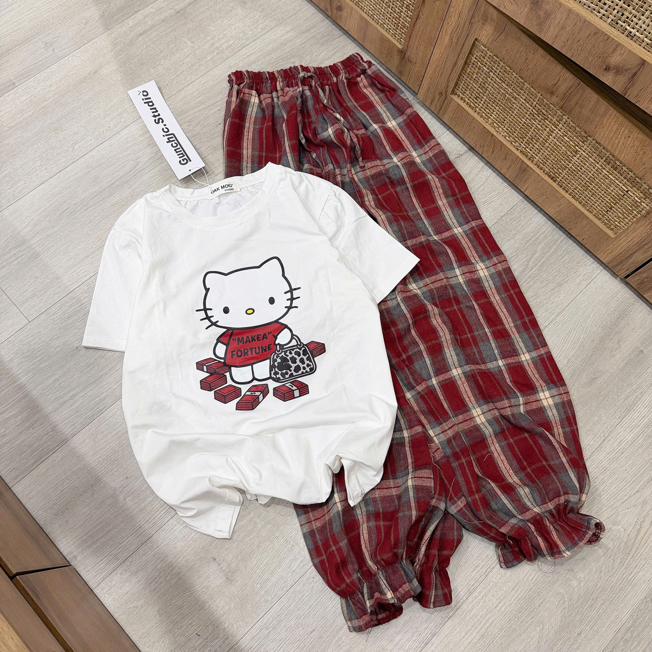 Set áo cotton nữ quần kẻ carro đỏ nữ