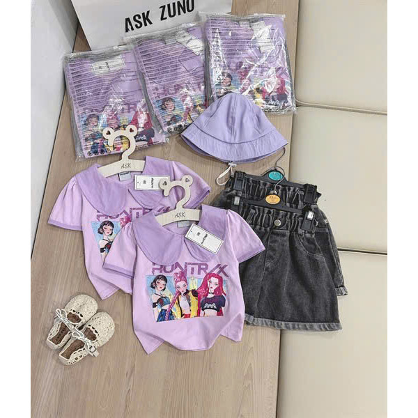 Sét áo cotton cổ sen tím quần sooc jean (Không mũ) bé gái VNXK