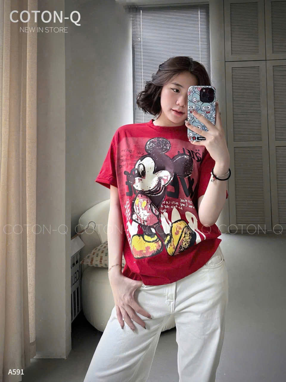 Áo cotton đỏ in Mickeyy nữ AN1
