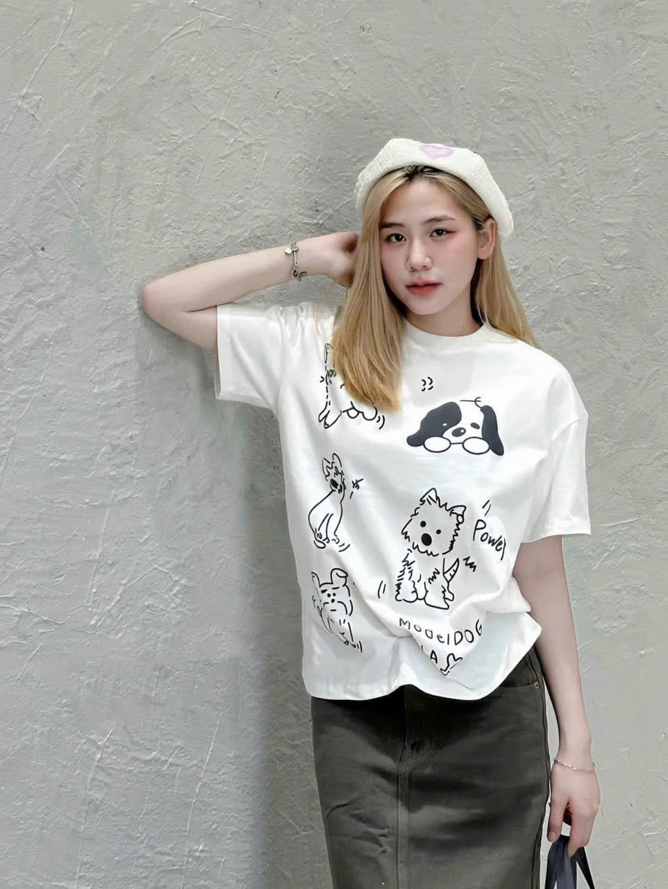 Áo cotton trắng in cún nữ AN1