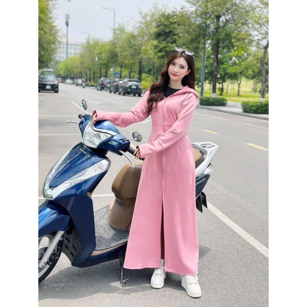 Áo nắng HỒNG dáng dài cotton umi mũ trùm L 55-60kg