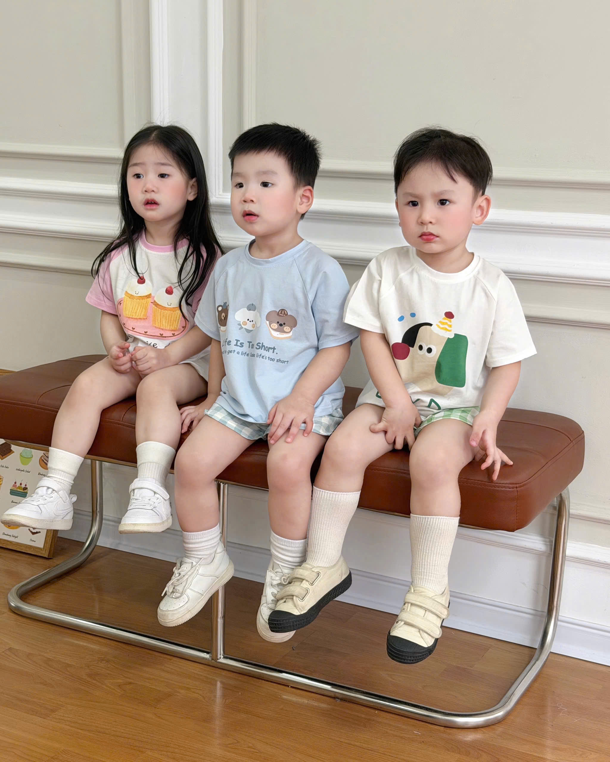Ask Bộ cotton họa tiết quần kẻ caro VNXK