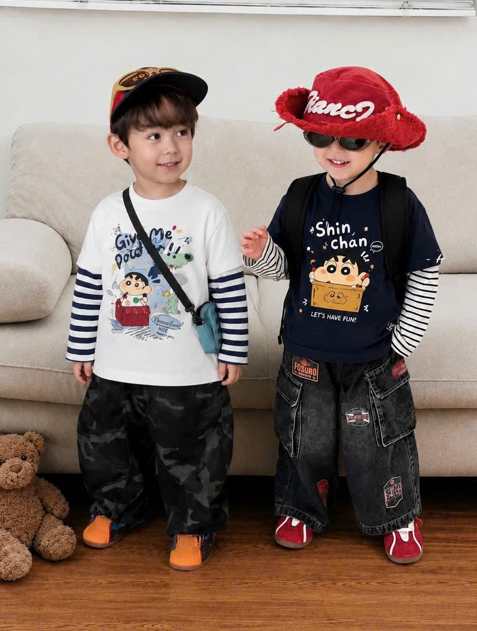 Ask Sét 2 áo cotton dài tay phối kẻ bé trai