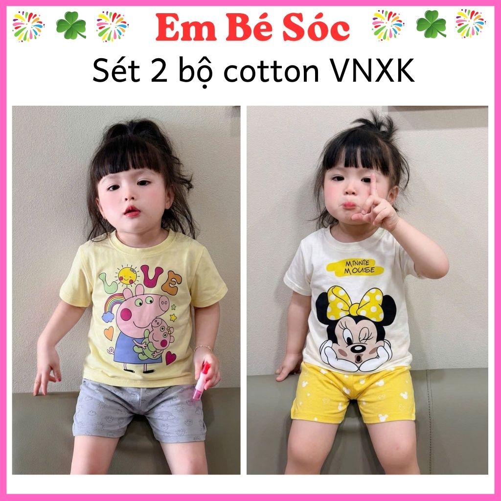 Ask Sét 2 bộ cotton in hình quần legging mùa hè chất mát bé gái VNXK