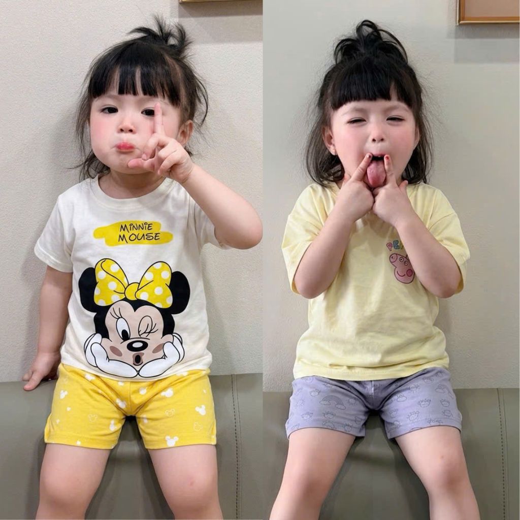 Ask Sét 2 bộ cotton in hình quần legging mùa hè chất mát bé gái VNXK