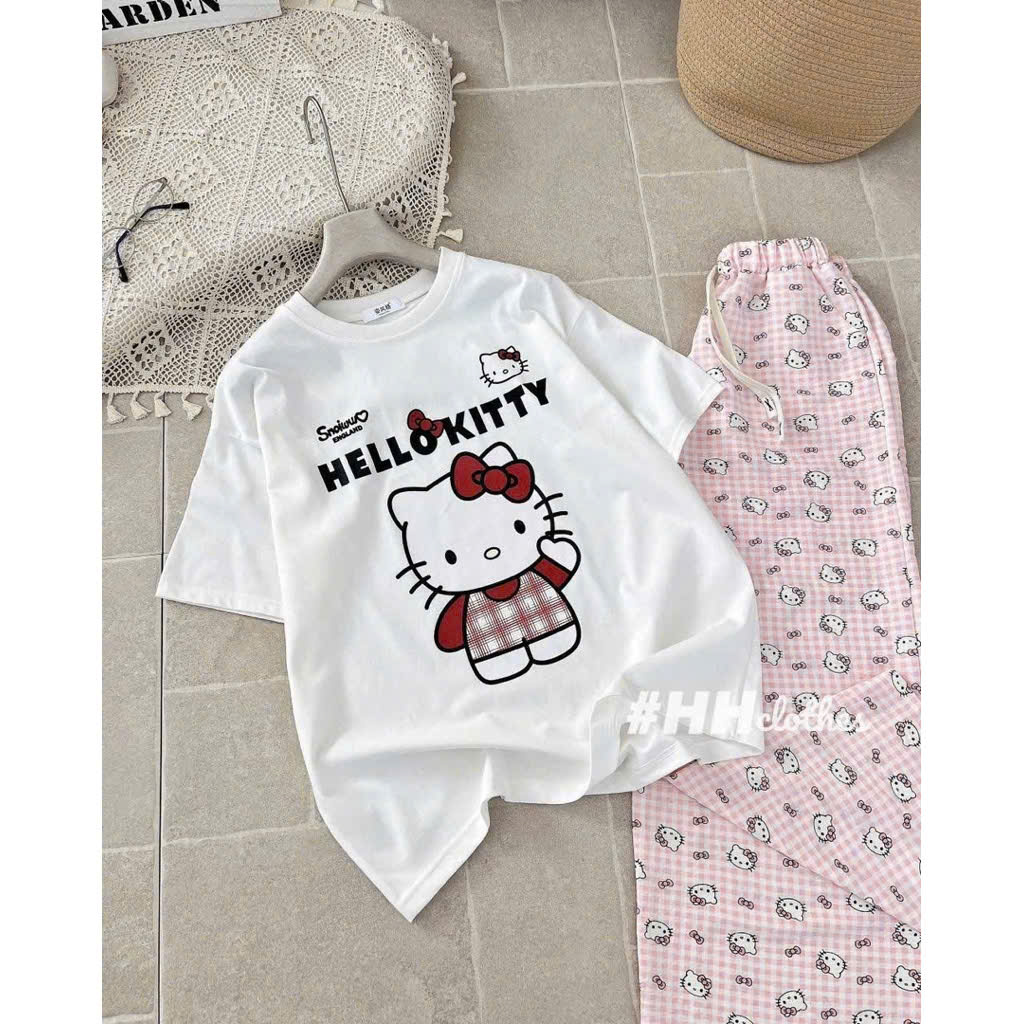 Bộ Áo cotton quần thô kẻ mềm Hello Kitty nữ BN2