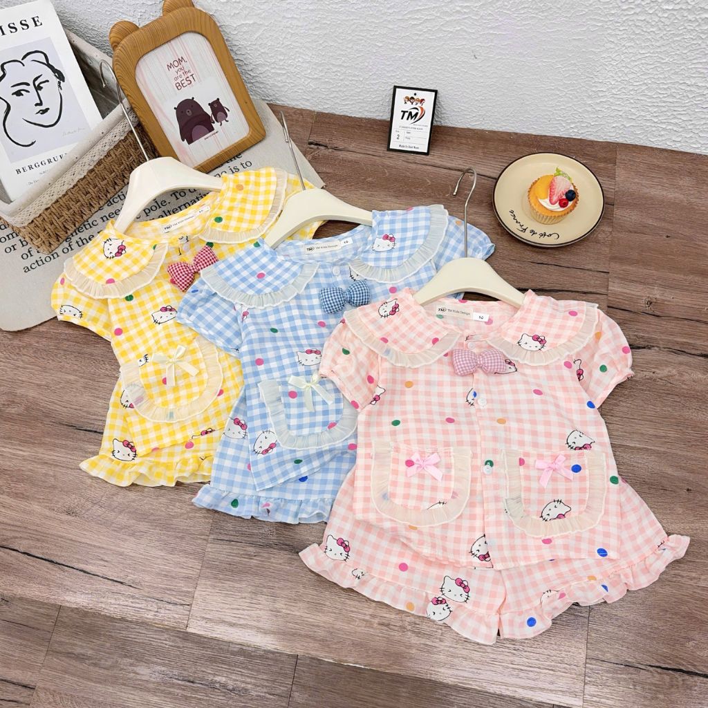 Bộ Pizama kẻ 3 màu HELLO KITTY mùa hè bé gái TM
