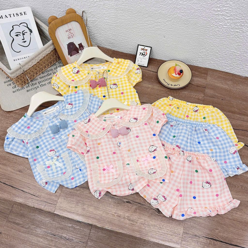 Bộ Pizama kẻ 3 màu HELLO KITTY mùa hè bé gái TM