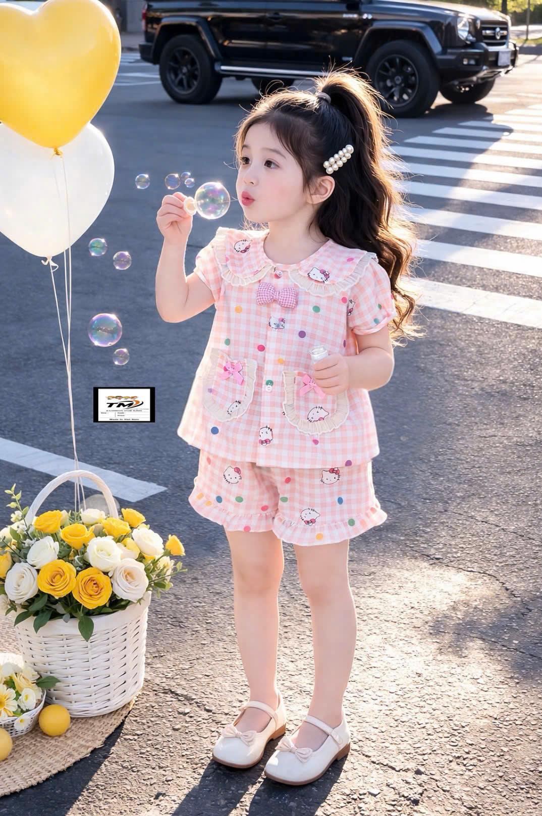 Bộ Pizama kẻ 3 màu HELLO KITTY mùa hè bé gái TM