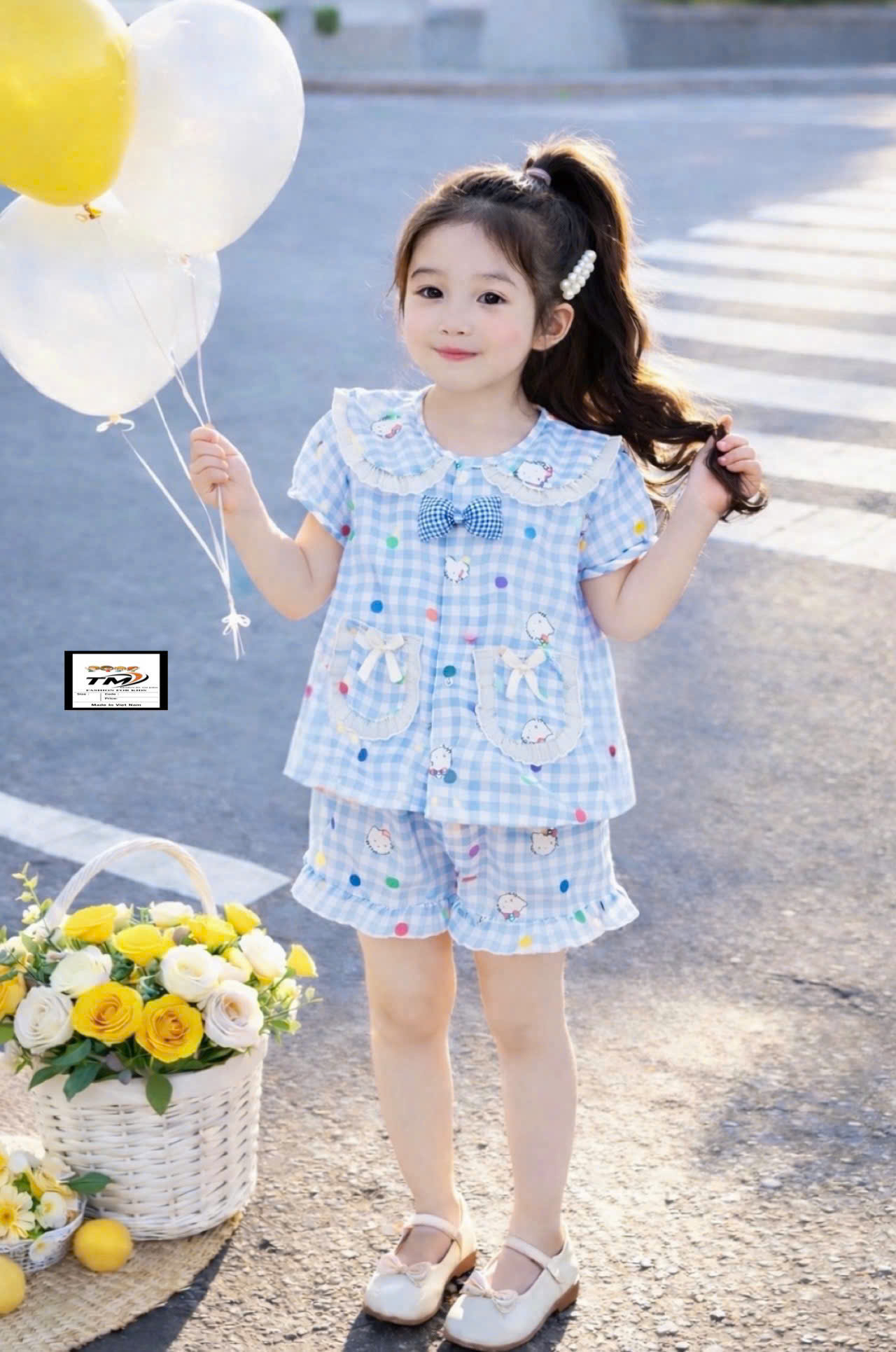 Bộ Pizama kẻ 3 màu HELLO KITTY mùa hè bé gái TM