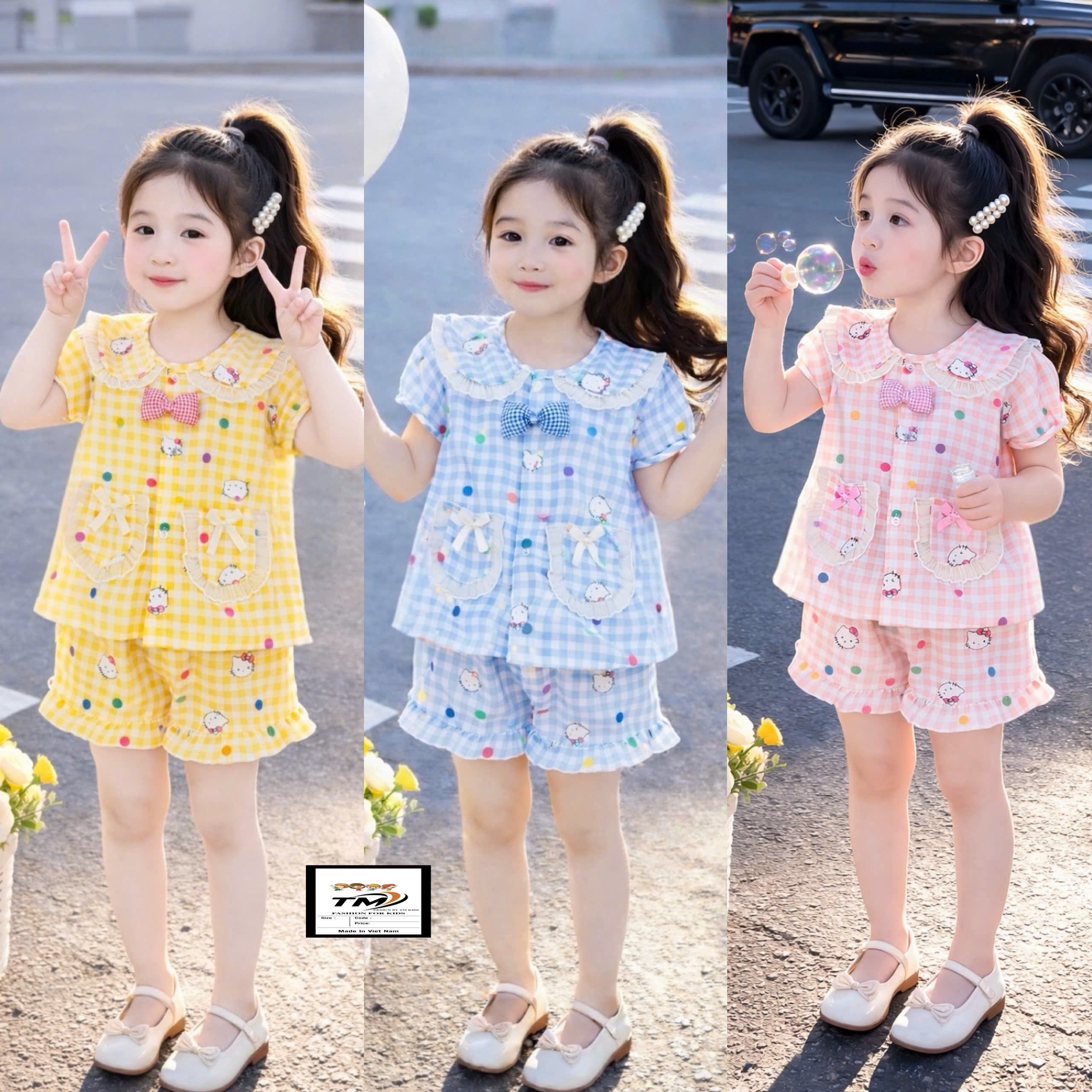 Bộ Pizama kẻ 3 màu HELLO KITTY mùa hè bé gái TM