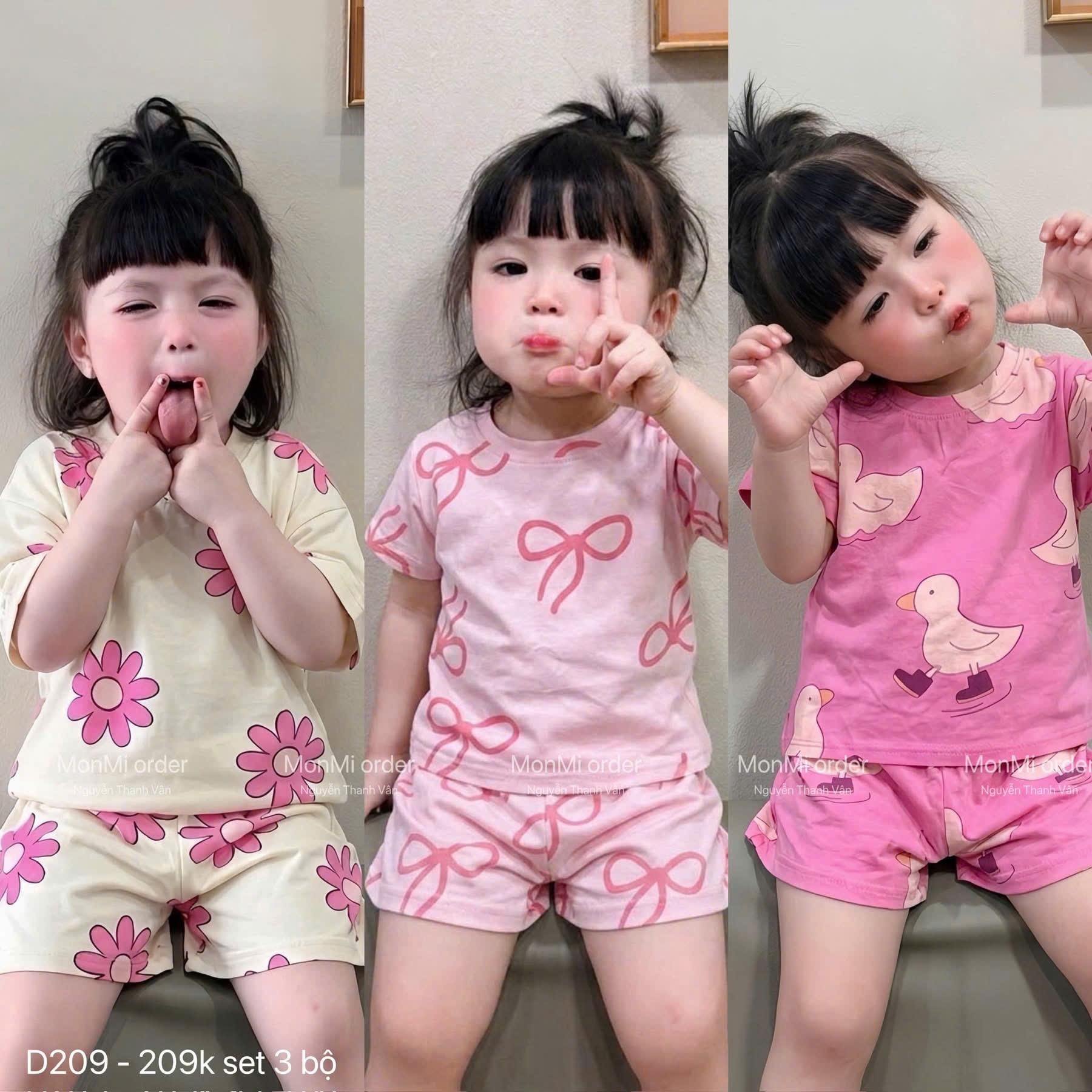 Bộ cotton VNXK bé gái tone hồng họa tiết mềm mát