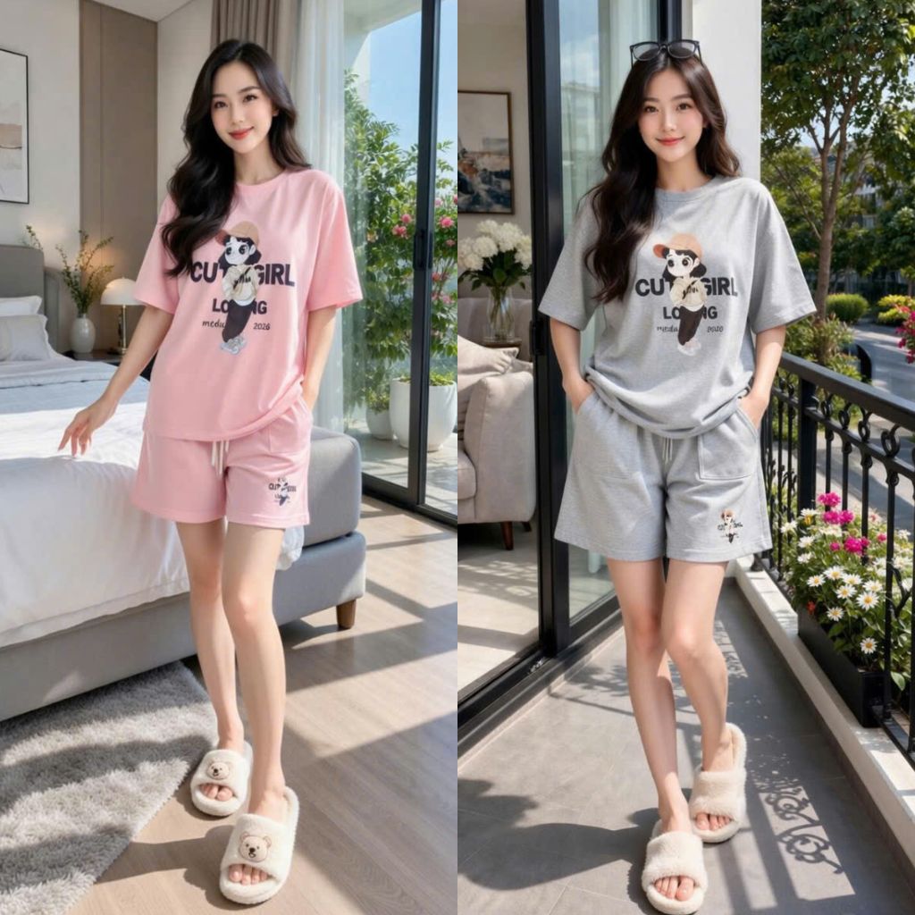 Bộ cotton hồng nữ Cute Girl 2 màu Hồng,Ghi