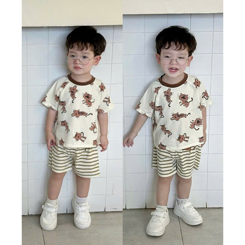 Bộ cotton kẻ in hình bé trai nâu kem mùa hè VNXK