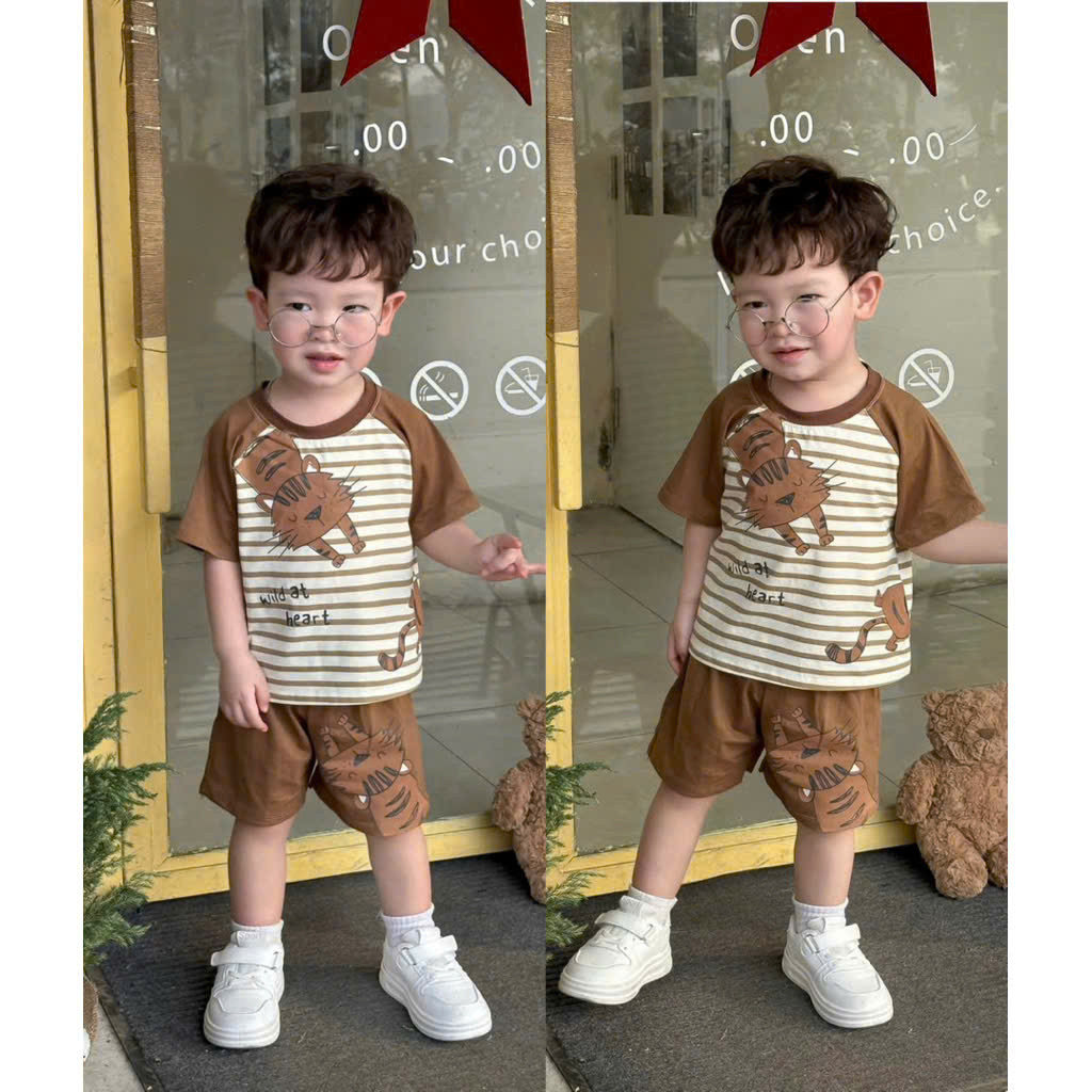 Bộ cotton kẻ in hình bé trai nâu kem mùa hè VNXK
