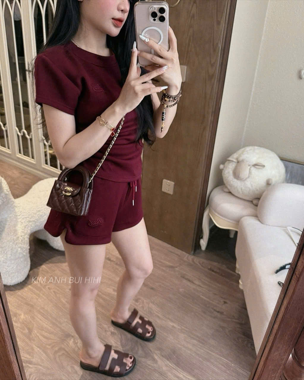 Bộ cottoon đỏ đô hè nữ rút dây eo B1