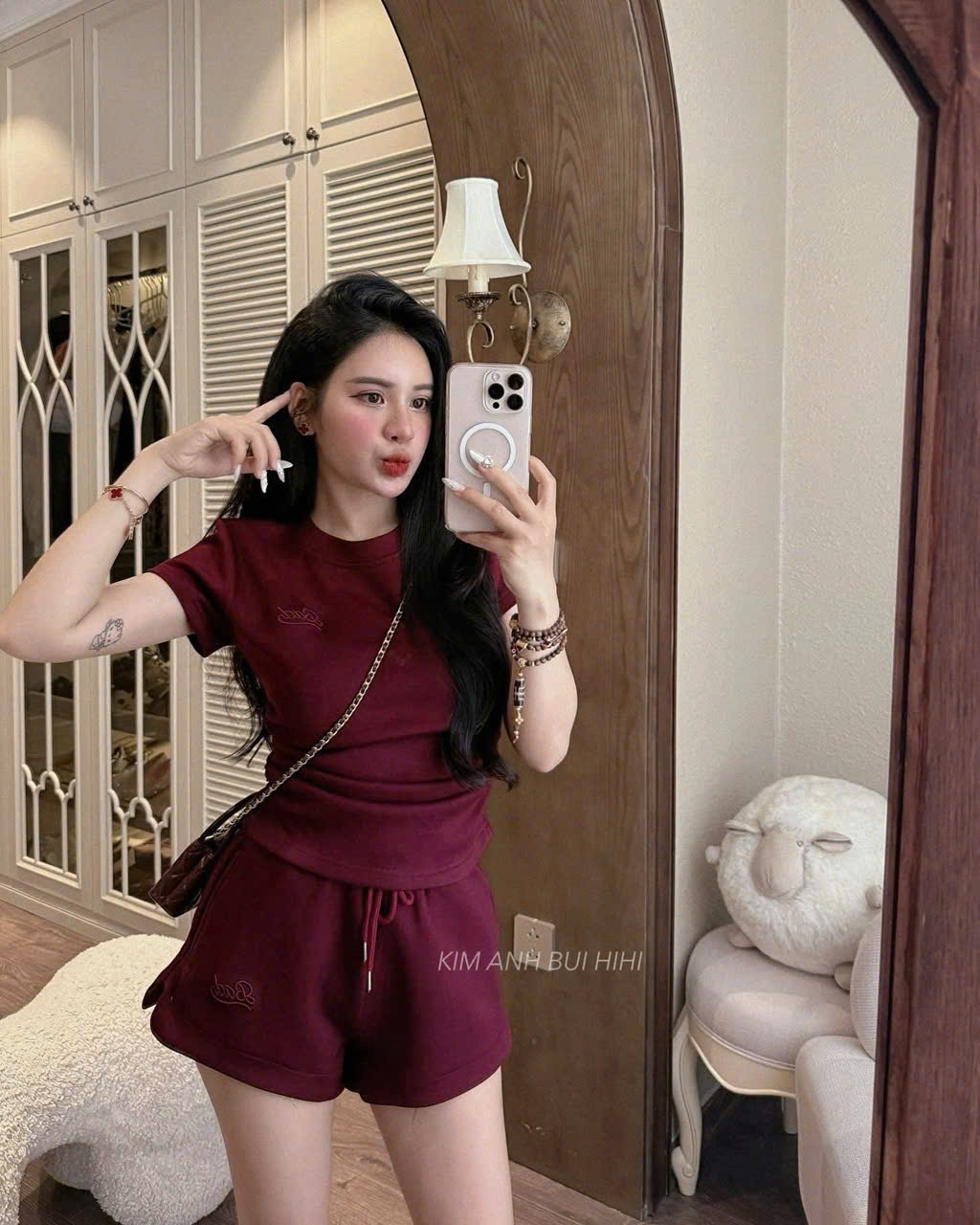 Bộ cottoon đỏ đô hè nữ rút dây eo B1