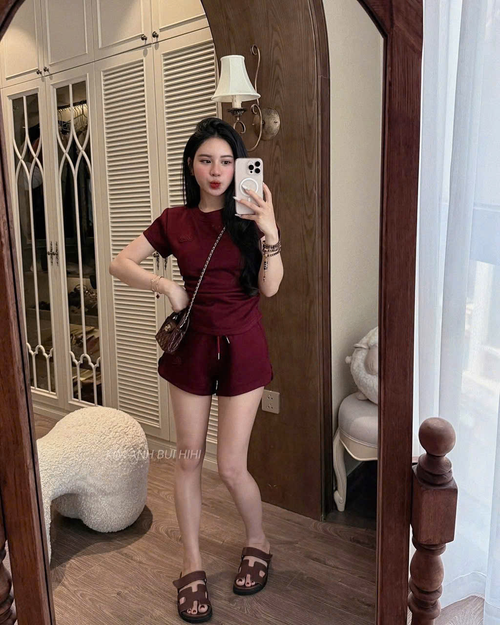 Bộ cottoon đỏ đô hè nữ rút dây eo B1
