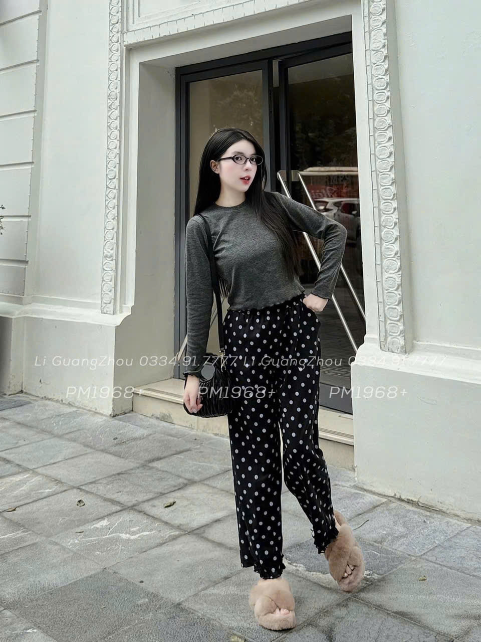 Bộ dài áo ghi trơn quần chấm bi nữ BN1
