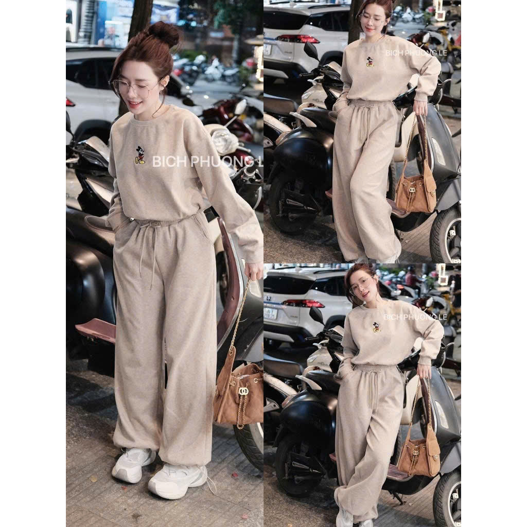 Bộ len tăm lông thỏ nữ màu Be rút dây